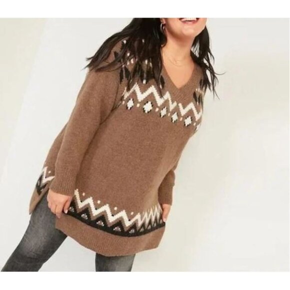 Old Navy Sweater Womens 3X Brown Slouchy Fair Isle Tunic Chunky V Neck Comfy - Picture 1 of 7